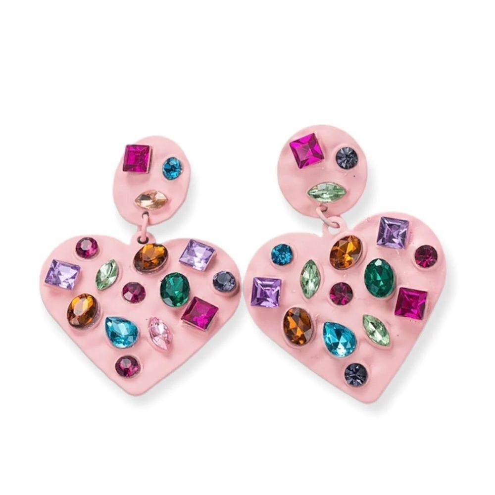 Free People Pink Heart Drop Earrings with Multicolor Gemstones
